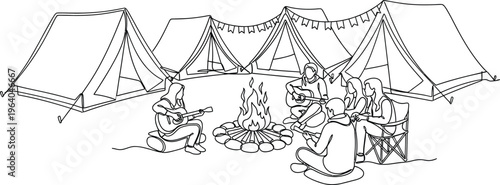 camping scene with tents and campfire