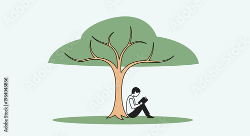 Man sitting under a tree reading.