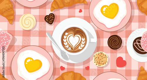 Delightful breakfast scene on a pink checkered tablecloth features heart-shaped fried eggs, latte art coffee, and fresh croissants.