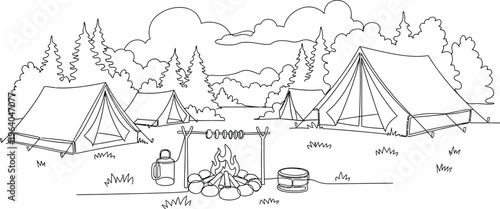 camping tents in forest, outdoor adventure