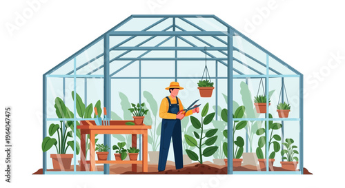 Man wearing yellow hat in greenhouse.