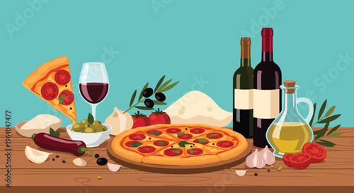 Delicious Italian cuisine scene with whole pizza slices of pizza bottles of wine olives and fresh vegetables on wood table.