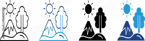 Natural scenery icons with mountains, trees and sun are suitable for ecological themed graphic elements or eco-friendly campaigns.