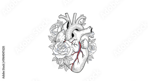 Artistic anatomical human heart illustration intertwined with blooming roses and leaves in black and white line art.