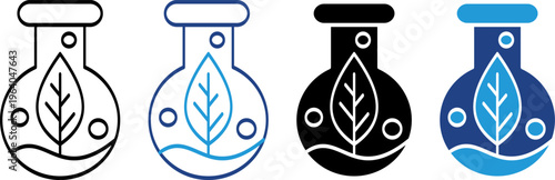 Chemistry lab icon containing green leaves represents the concept of biotechnology, renewable energy research, green science, and innovation.
