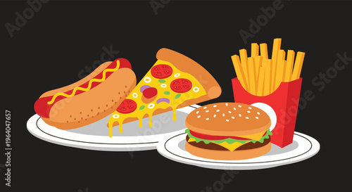 Tempting fast food platter featuring a cheeseburger with French fries a hot dog and a slice of pepperoni pizza.
