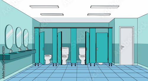 Public restroom vector illustration of stalls with toilets and sinks, a clean and functional design, for commercial or residential use
