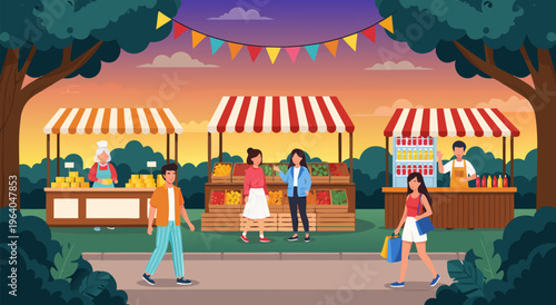 Outdoor community market vector illustration with people shopping and stalls selling fresh produce and goods