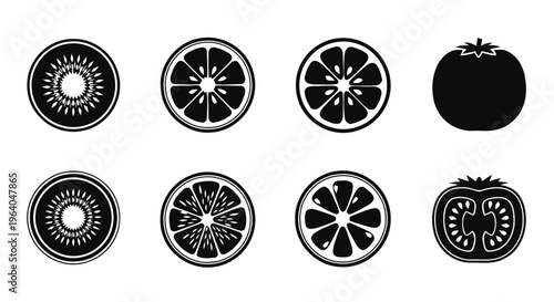 Vector illustration of set of fruit and vegetable icons including kiwi, orange, and tomato slices
