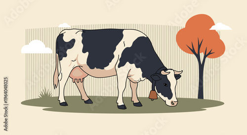 Peaceful rural scene showing a black and white cow grazing in a green pasture with a tree and clouds in the background.