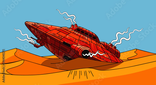 a red futuristic sci-fi spaceship crash-lands in a vast sandy desert emitting smoke perfect for adventure and exploration concepts