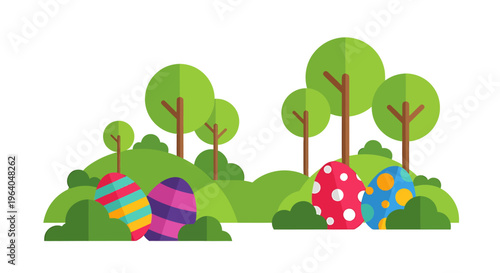 easter egg hunt in a vibrant spring landscape with colorful flat design eggs nestled among green hills and trees