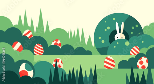 easter bunny and decorated easter eggs hidden in a vibrant green landscape for a playful spring egg hunt