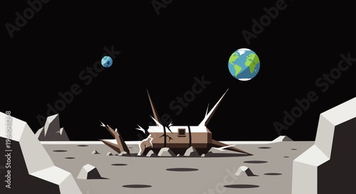 crashed lunar module wreck on a desolate moon surface with earth and another planet in dark space illustrating failed space exploration