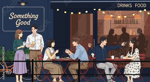 Charming vector illustration of friends enjoying drinks and food at a cafe, creating a cozy atmosphere and fostering connection