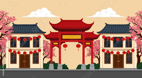 Vector illustration of a traditional Chinese gate with cherry blossoms and lanterns, representing cultural heritage and festive celebrations