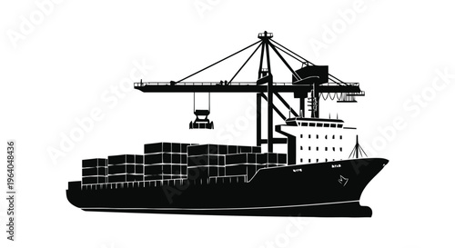 Vector illustration of silhouette of a container ship being loaded by a port crane