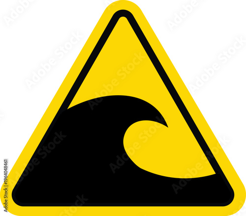 warning sign for tsunami and high wave hazard on yellow triangular background for safety awareness