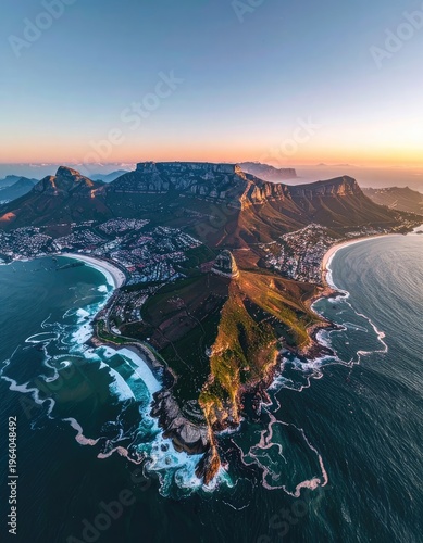Aerial view of Table Mountain and Cape Town coastline at sunset.