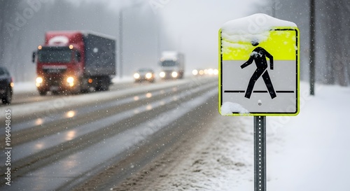 A snowy road with a crosswalk sign and trucks driving by on a winter day