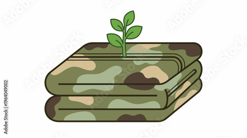 Camouflage fabric with a sprout growing from it symbolizing growth and sustainability