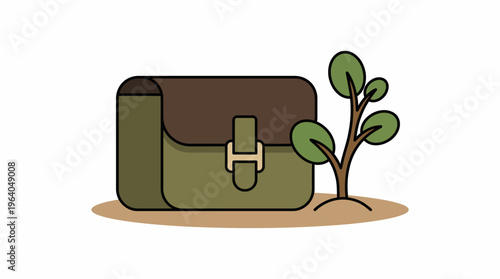 Green Backpack and Small Sapling in an Outdoor Setting