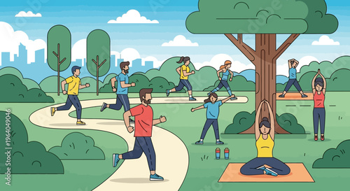 People doing outdoor yoga and running.