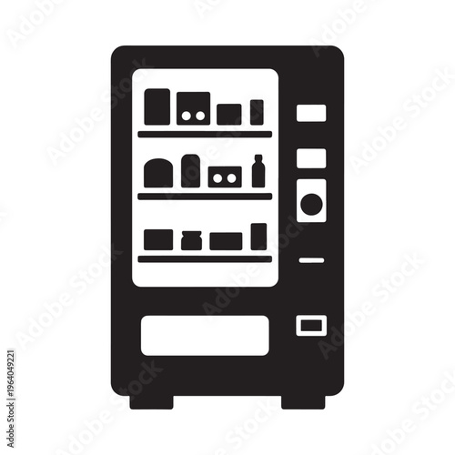 A simple black and white illustration of a vending machine filled with snacks