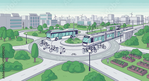 Eco-friendly city transport hub with bus, tram, bikes, and urban gardens