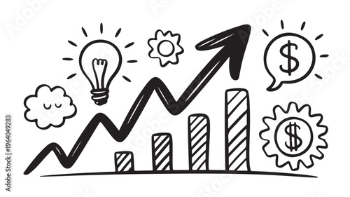 Business Growth Doodles with Lightbulb Idea and Financial Success Symbols for Innovation