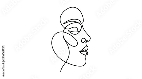 Abstract One Line Drawing of Woman Face Profile on transparent Background