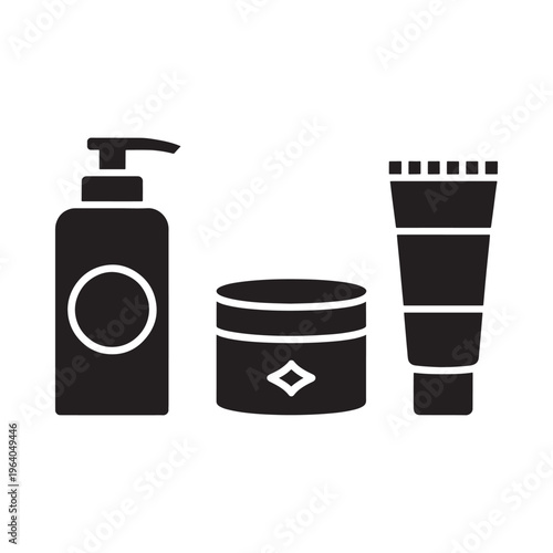 Black silhouette icons depicting a pump bottle jar and tube