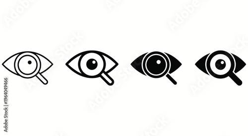 Eye search icon. View and visibility symbol with magnifying glass. Watching, scanning and visual inspection concept for user interface and navigation systems. UI element for search and content viewing