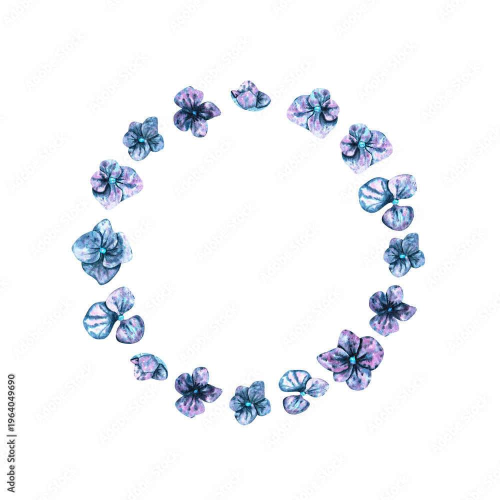 Fototapeta premium Round frame with hydrangea flowers. Watercolor illustration. Perfect for decorating prints, cards, and posters.