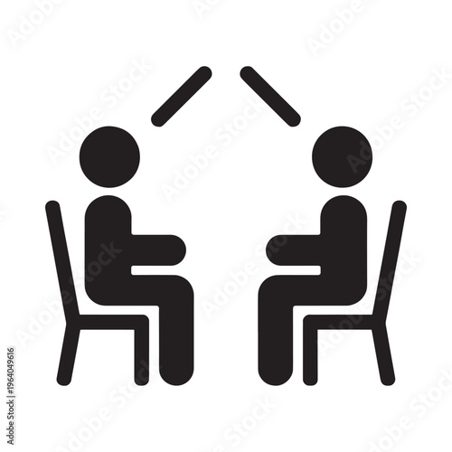 Simple black icon depicting two people sitting at a table facing each other