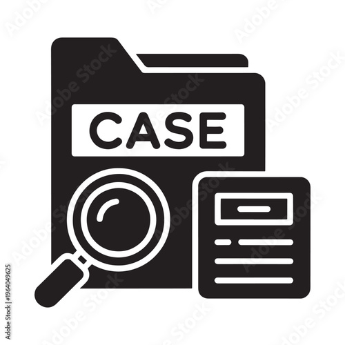 A black glyph depicting a case file with a magnifying glass and documents