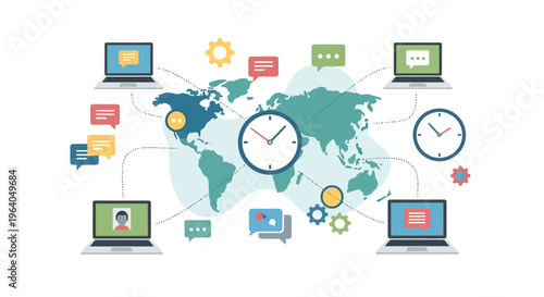 Global communication network connecting laptops and world map with clocks and chat bubbles