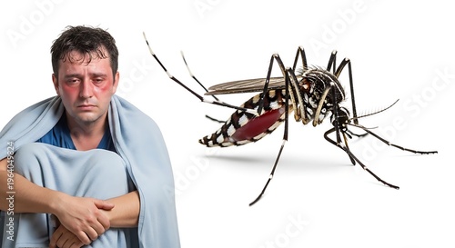 Sick man wrapped in blanket with red swollen eyes and mosquito biting him for disease transmission and illness concept