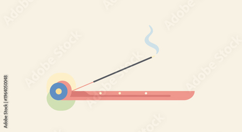 Incense stick burning on a holder, releasing smoke, minimalist flat design, wellness concept