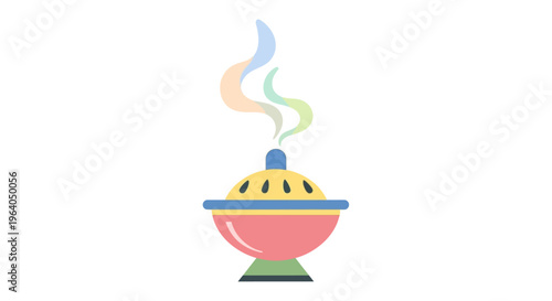 Incense burner with colorful smoke rising, isolated on white background, aromatherapy concept