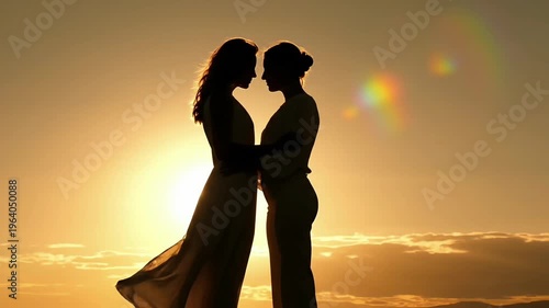 Silhouette of a romantic lesbian couple embracing at sunset against a golden sky. Two women standing together in a peaceful outdoor setting.