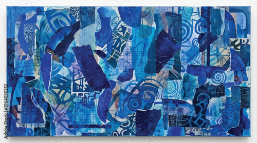 Blue abstract collage artwork with mixed media and geometric shapes design