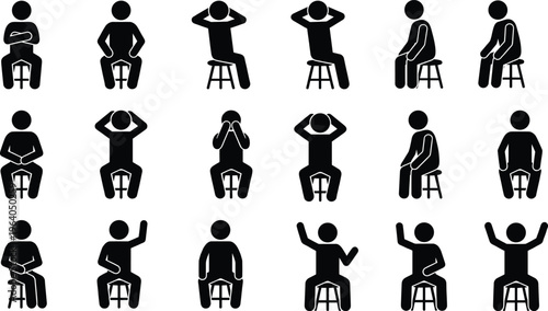 Human posture silhouette icons sitting stool body language gesture illustration design, symbolic artwork concept, ergonomic theme, communication symbol graphic image