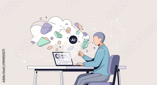 Man working with AI and data visualization on laptop, abstract cloud with geometric shapes