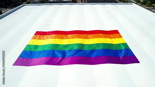 A large LGBTQ+ rainbow pride flag with six vibrant stripes laid flat on a clean white rooftop. High-angle view showing fabric ripples in bright daylight.