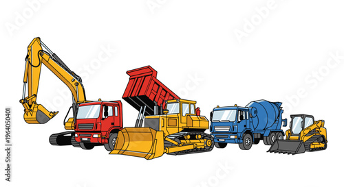 Heavy construction vehicles in a row.