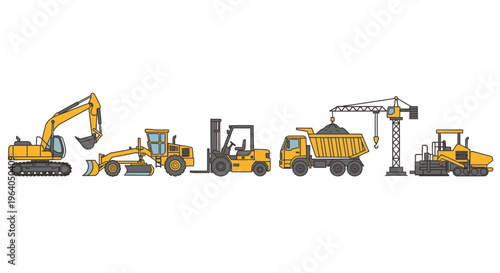 Heavy construction vehicles in a row 5.