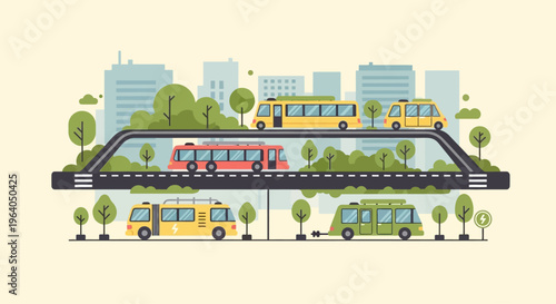 Modern city transport: buses and tram on elevated road and street with cityscape
