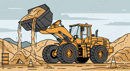 Heavy loader machine dumping sand.