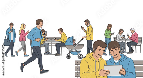 People engrossed in smartphones in a park, ignoring surroundings